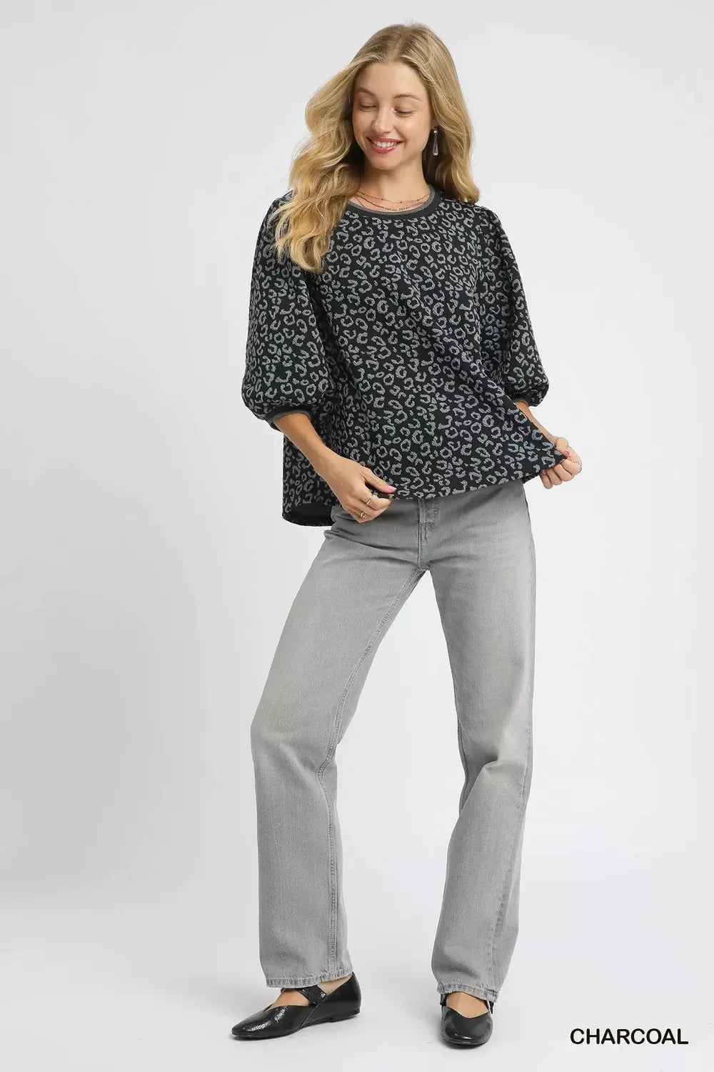 Umgee Leopard Print Jacquard Blouse with Puff Sleeves - Jennie Dots