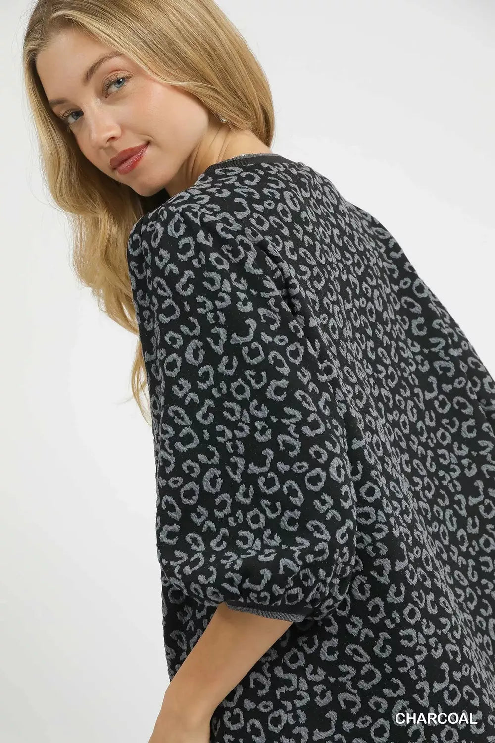 Umgee Leopard Print Jacquard Blouse with Puff Sleeves - Jennie Dots