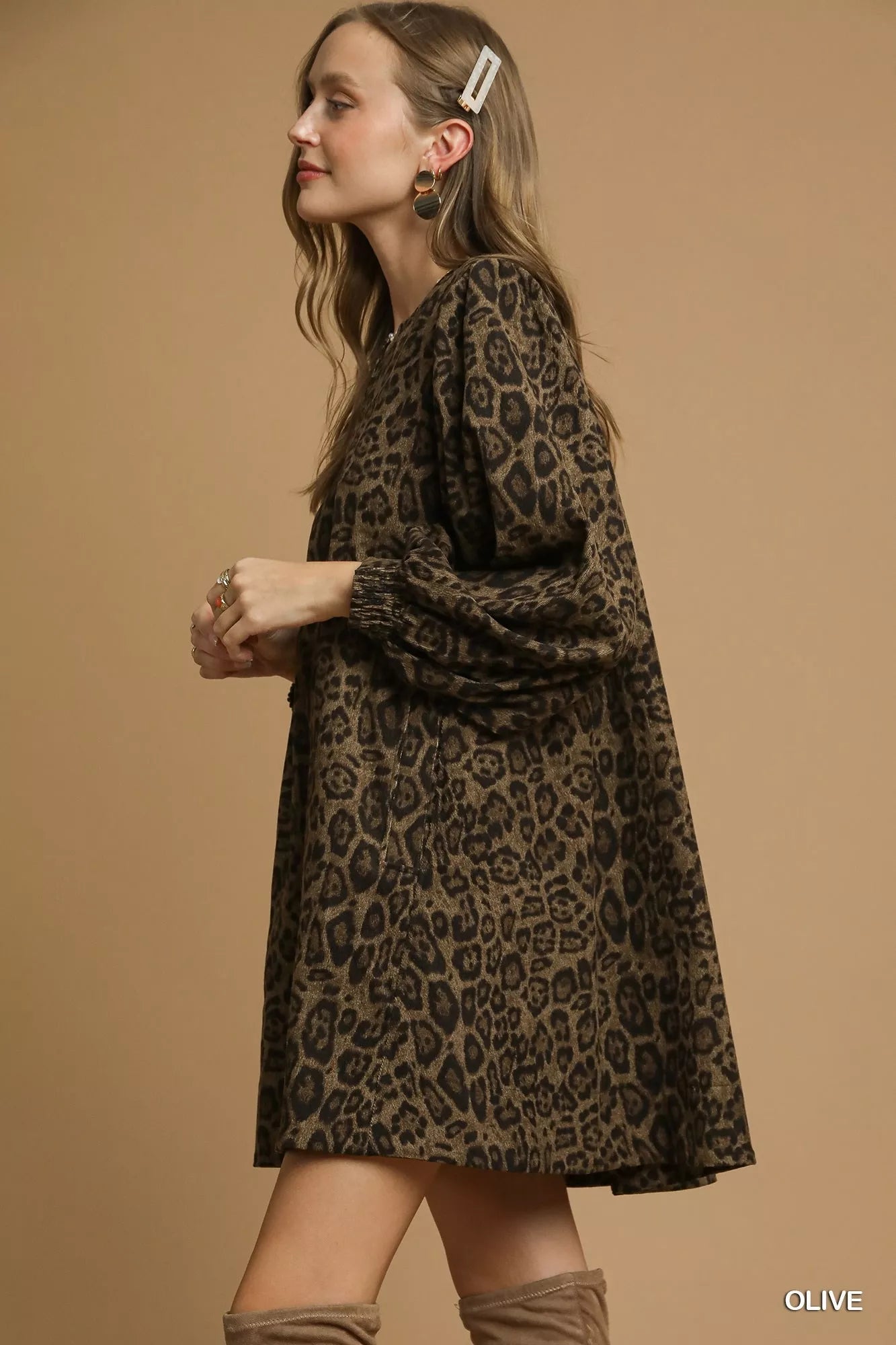 Umgee Leopard Print Long Sleeve Swing Dress - Jennie Dots