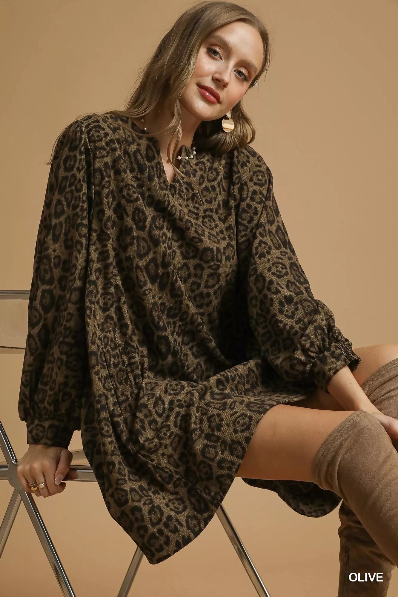 Umgee Leopard Print Long Sleeve Swing Dress - Jennie Dots