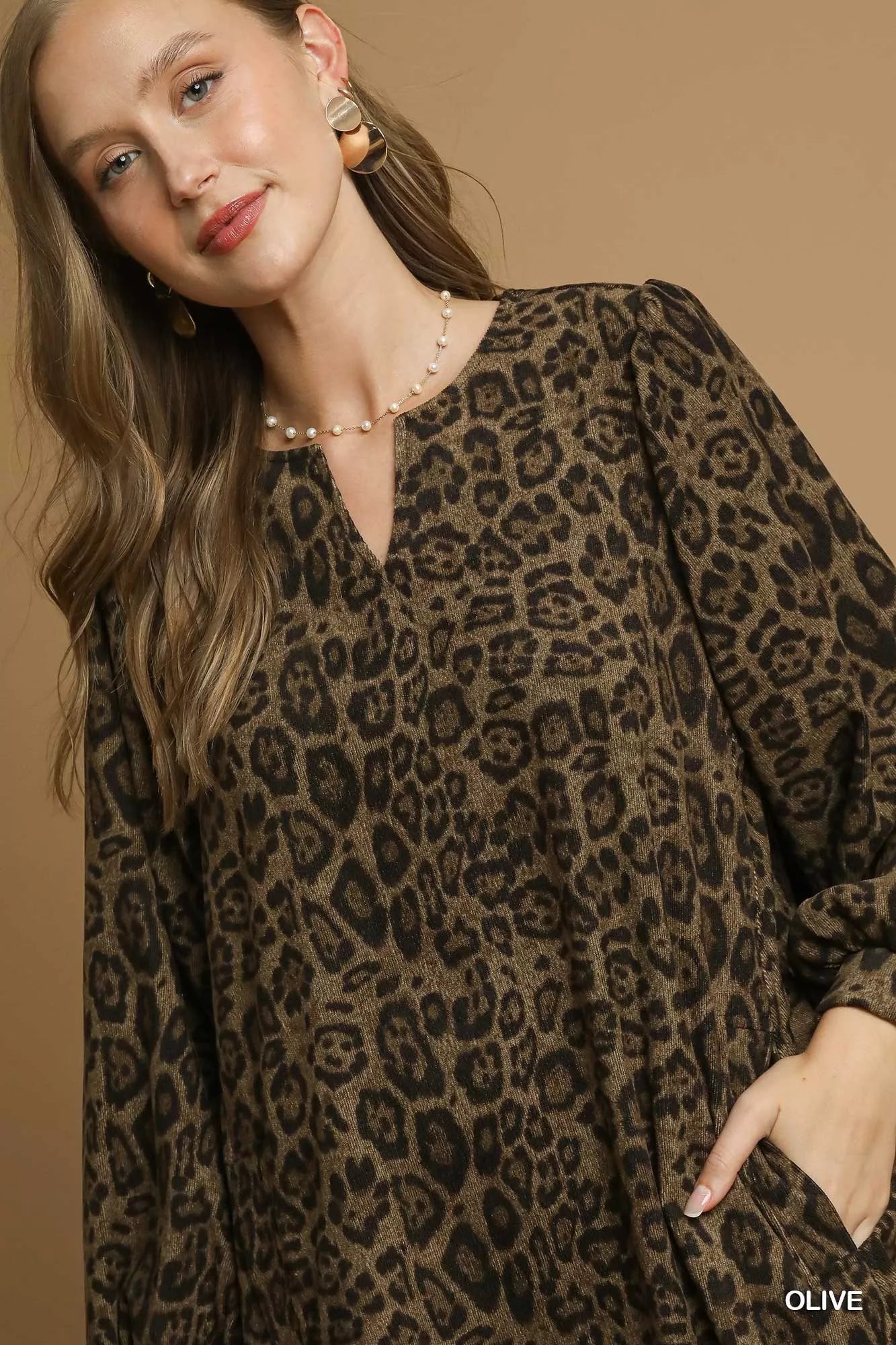 Umgee Leopard Print Long Sleeve Swing Dress - Jennie Dots