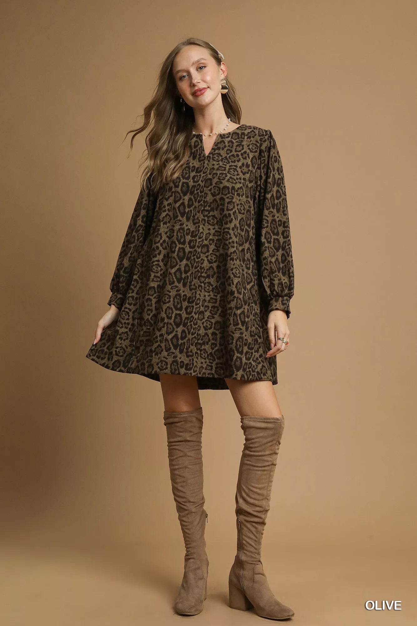 Umgee Leopard Print Long Sleeve Swing Dress - Jennie Dots