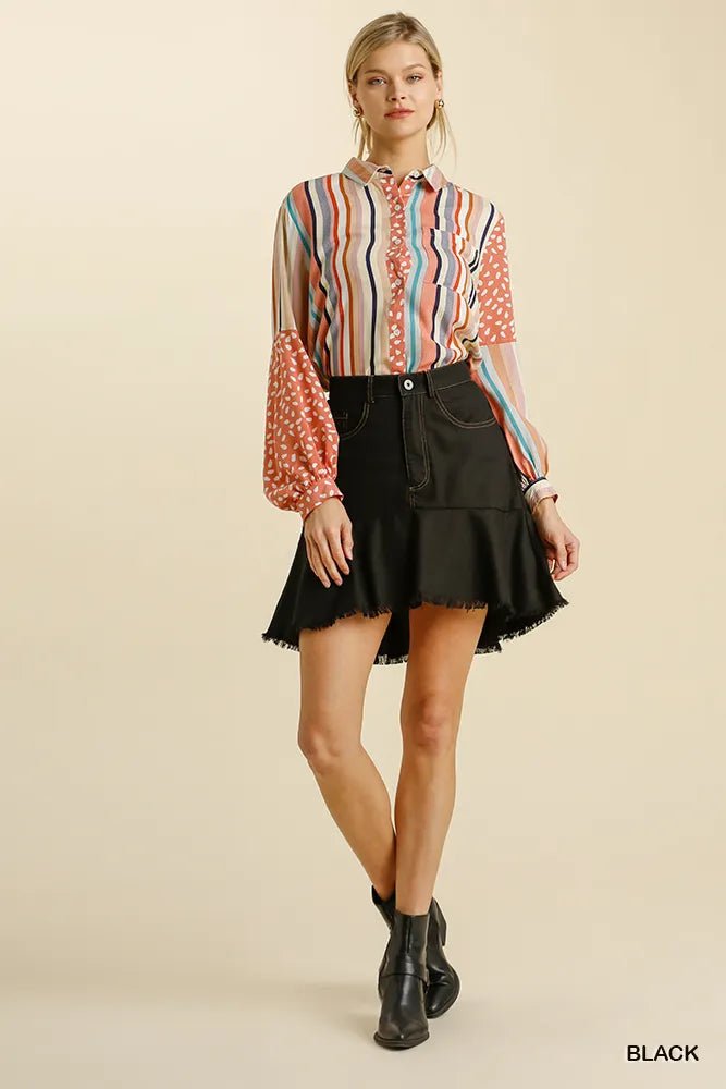 Umgee Linen Blend 5 Pockets High Low Skirt with Frayed Hem - Jennie Dots