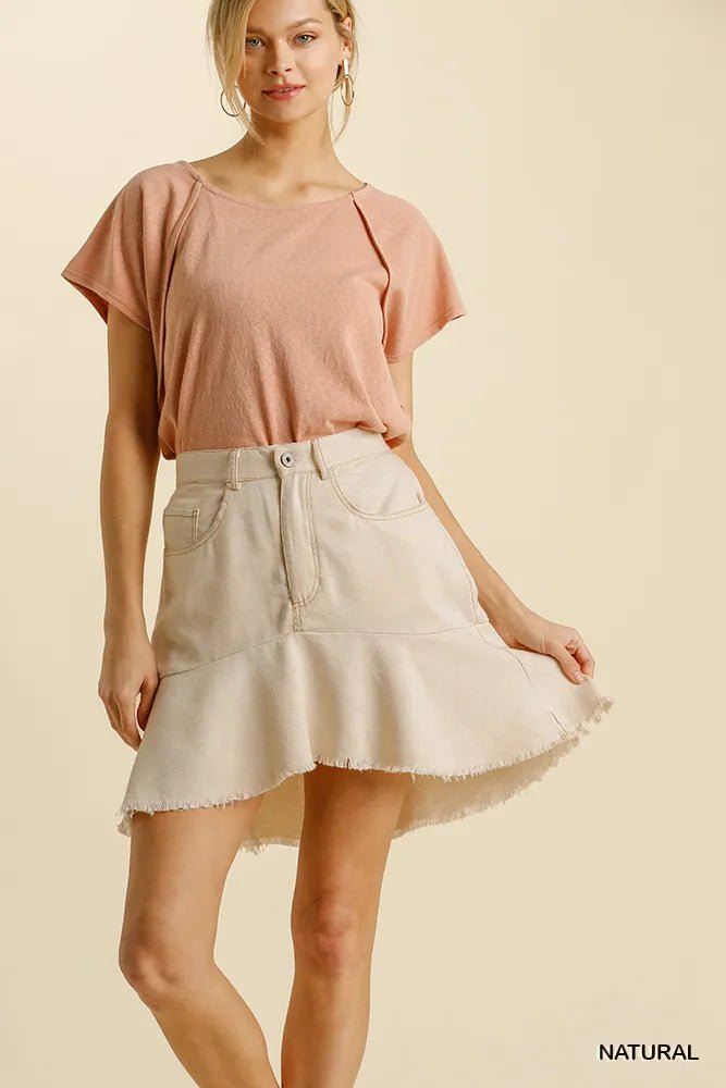 Umgee Linen Blend 5 Pockets High Low Skirt with Frayed Hem - Jennie Dots