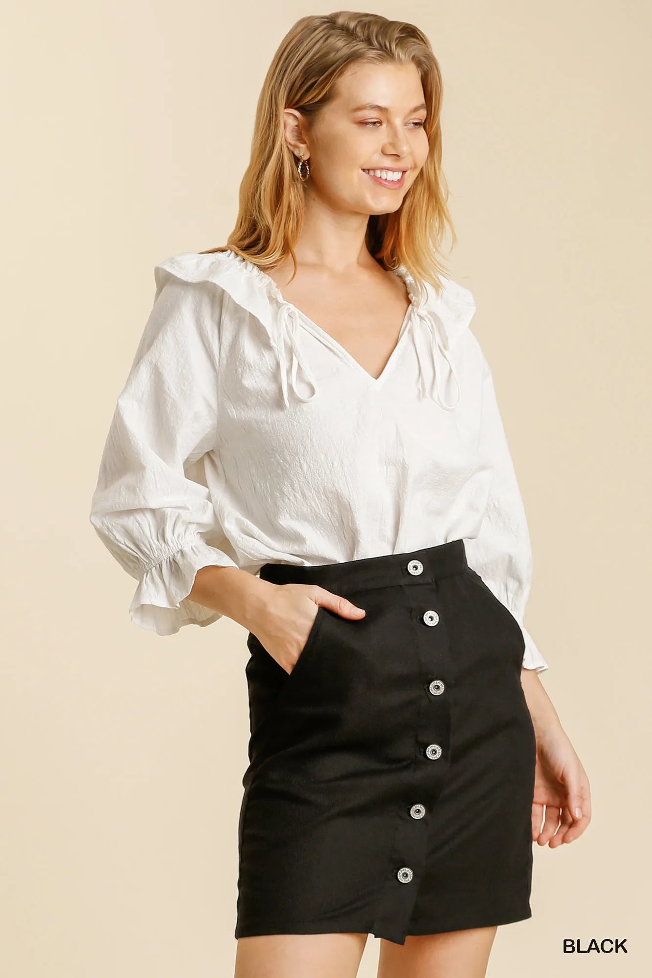 Umgee Linen Blend Button Down Skirt with Pockets - Jennie Dots