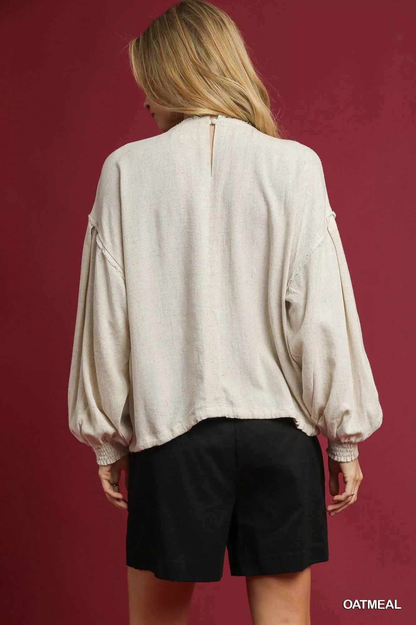 Umgee Linen Long Sleeve Top with Drawstring - Jennie Dots