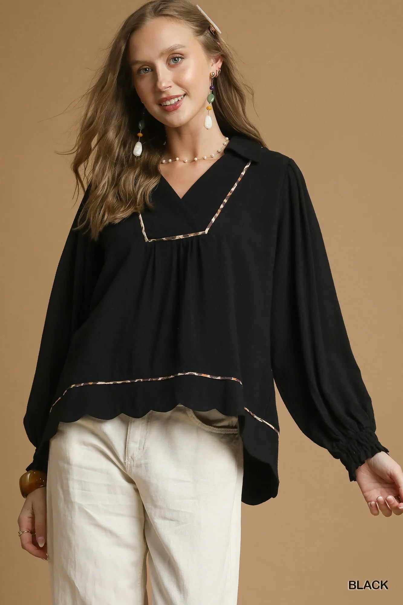 Umgee Linen Scallop Hem Blouse with Contrast Trim - Jennie Dots