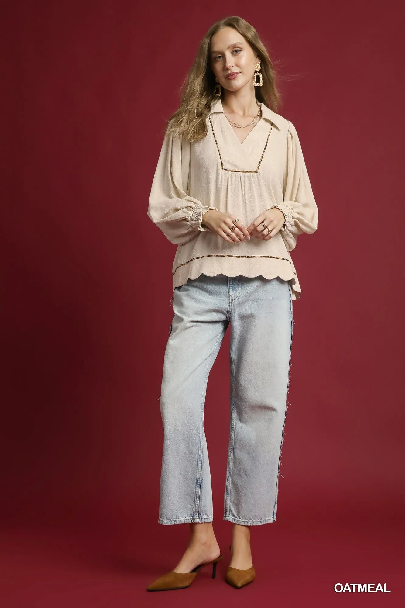 Umgee Linen Scallop Hem Blouse with Contrast Trim - Jennie Dots