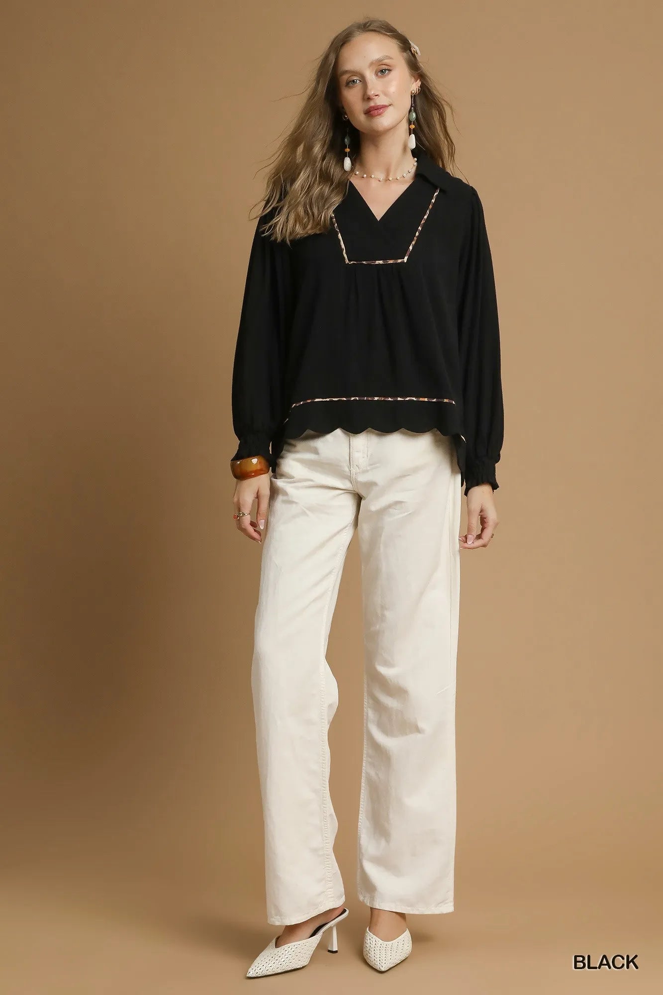 Umgee Linen Scallop Hem Blouse with Contrast Trim - Jennie Dots