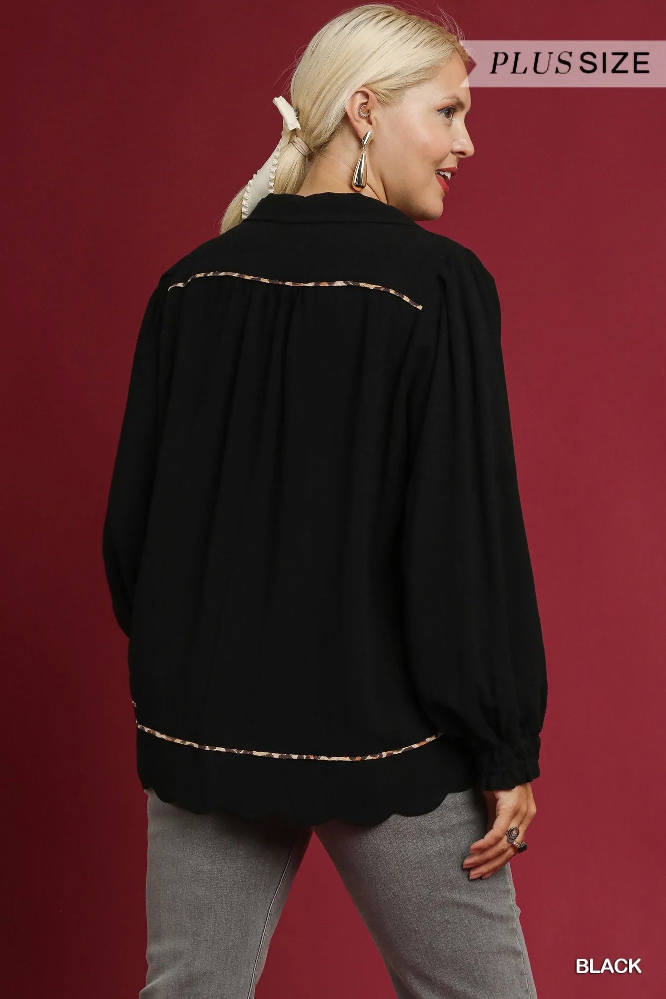 Umgee Linen Scallop Hem Blouse with Contrast Trim - Jennie Dots