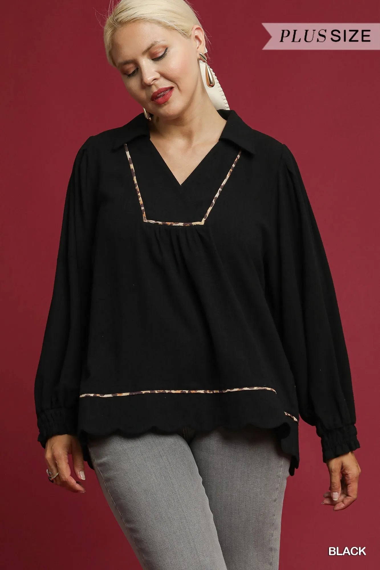 Umgee Linen Scallop Hem Blouse with Contrast Trim - Jennie Dots