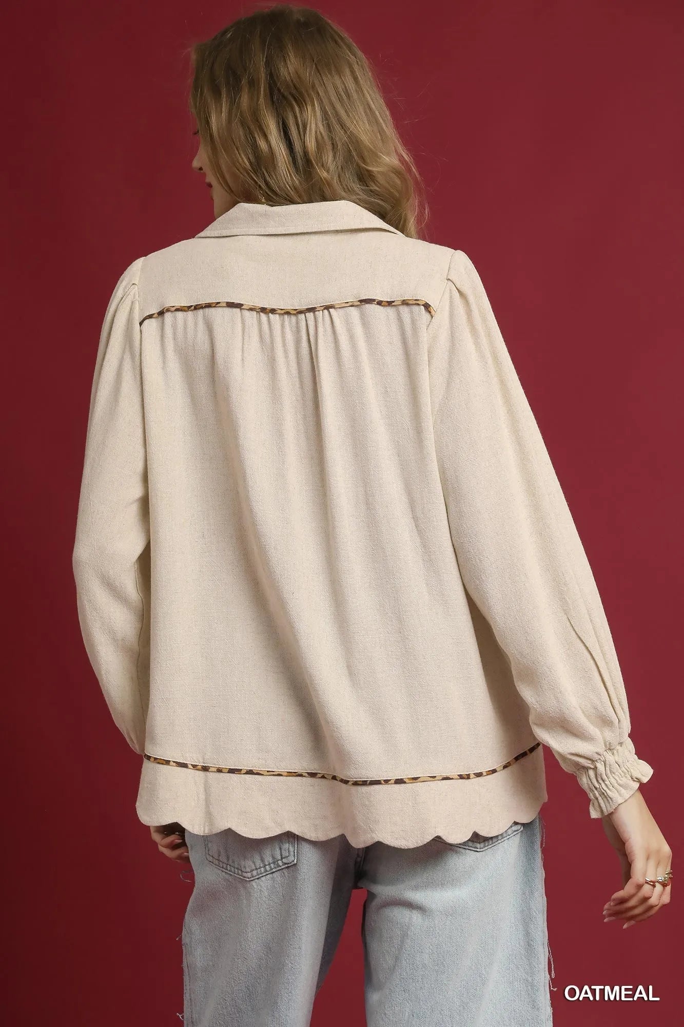 Umgee Linen Scallop Hem Blouse with Contrast Trim - Jennie Dots