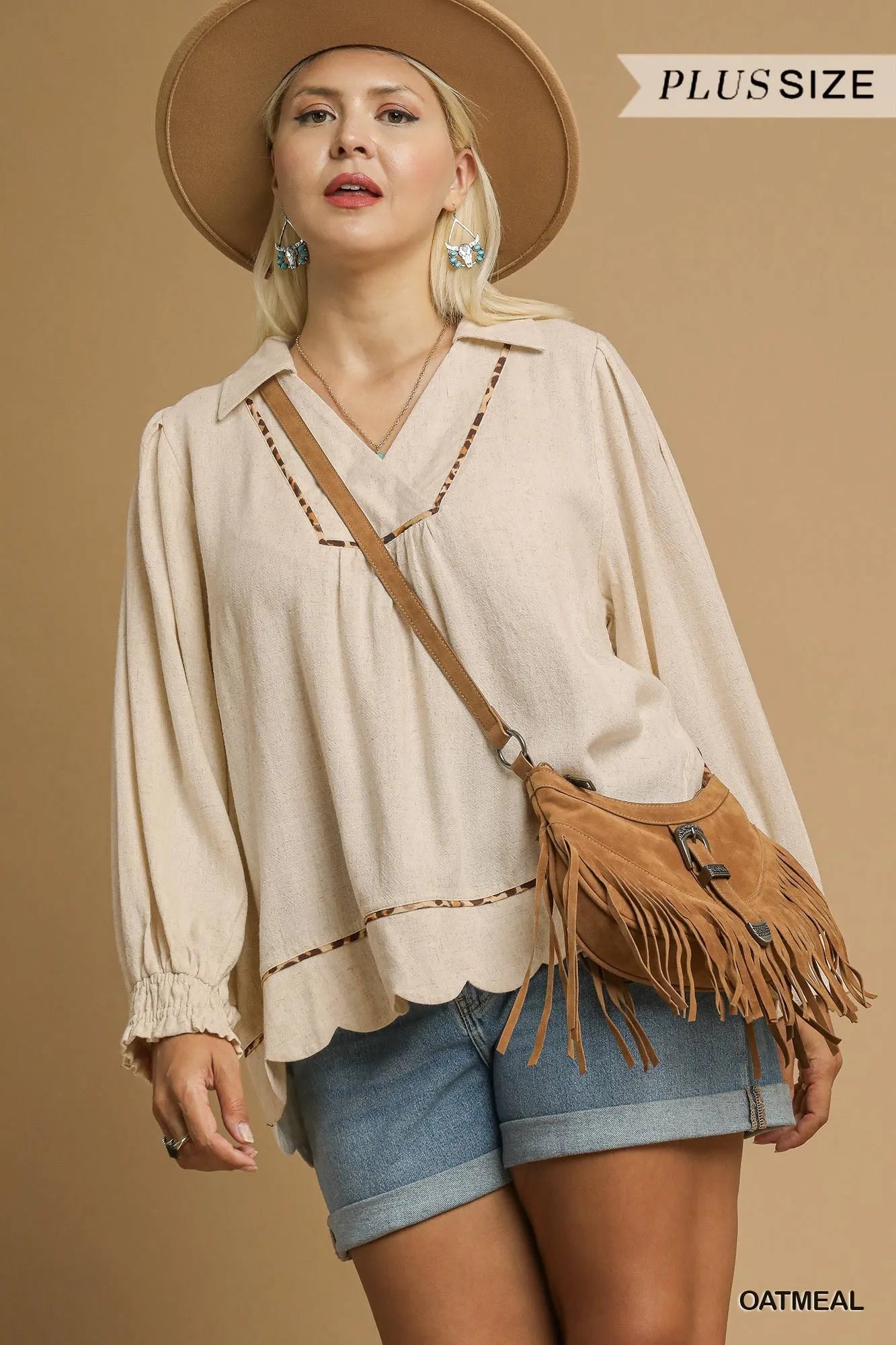 Umgee Linen Scallop Hem Blouse with Contrast Trim - Jennie Dots