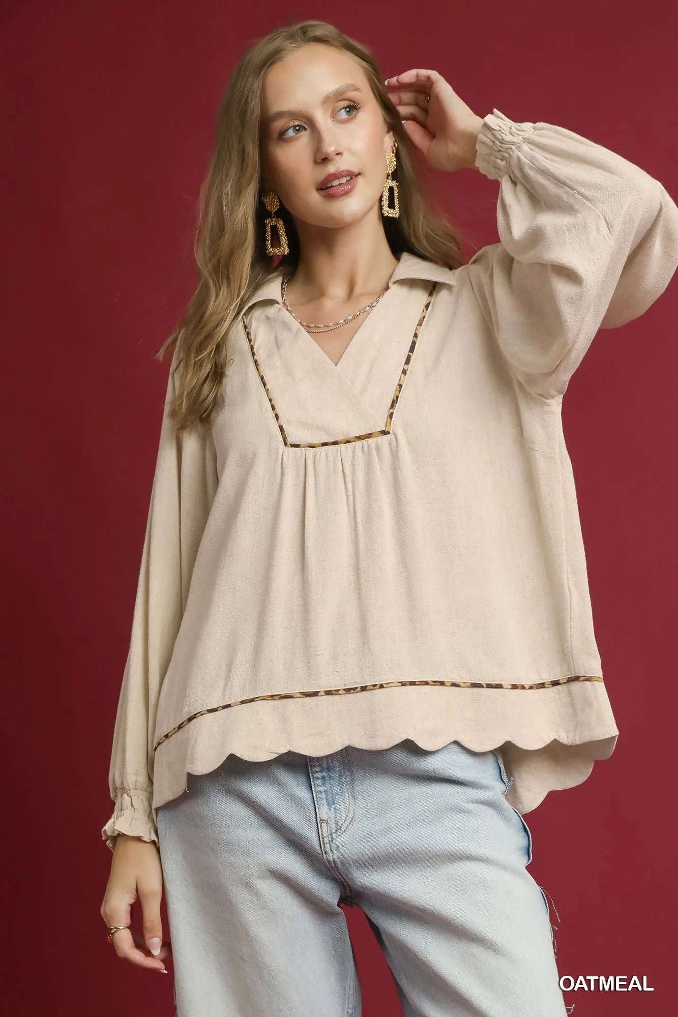 Umgee Linen Scallop Hem Blouse with Contrast Trim - Jennie Dots