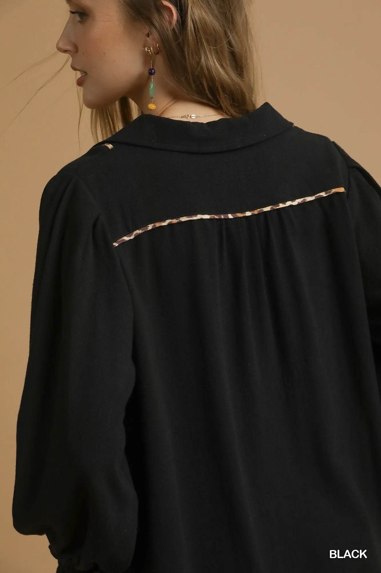Umgee Linen Scallop Hem Blouse with Contrast Trim - Jennie Dots