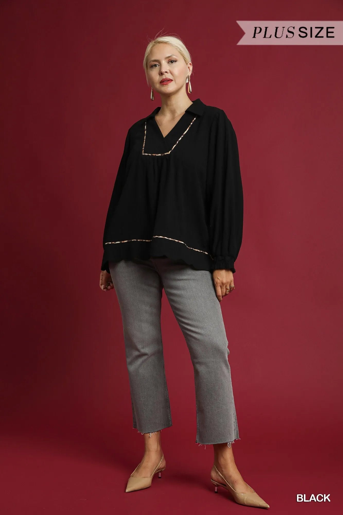Umgee Linen Scallop Hem Blouse with Contrast Trim - Jennie Dots