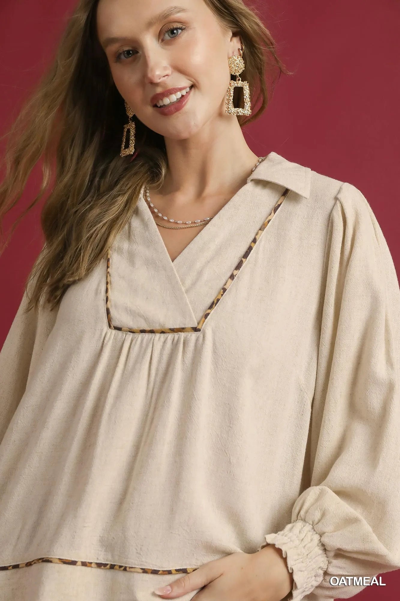 Umgee Linen Scallop Hem Blouse with Contrast Trim - Jennie Dots