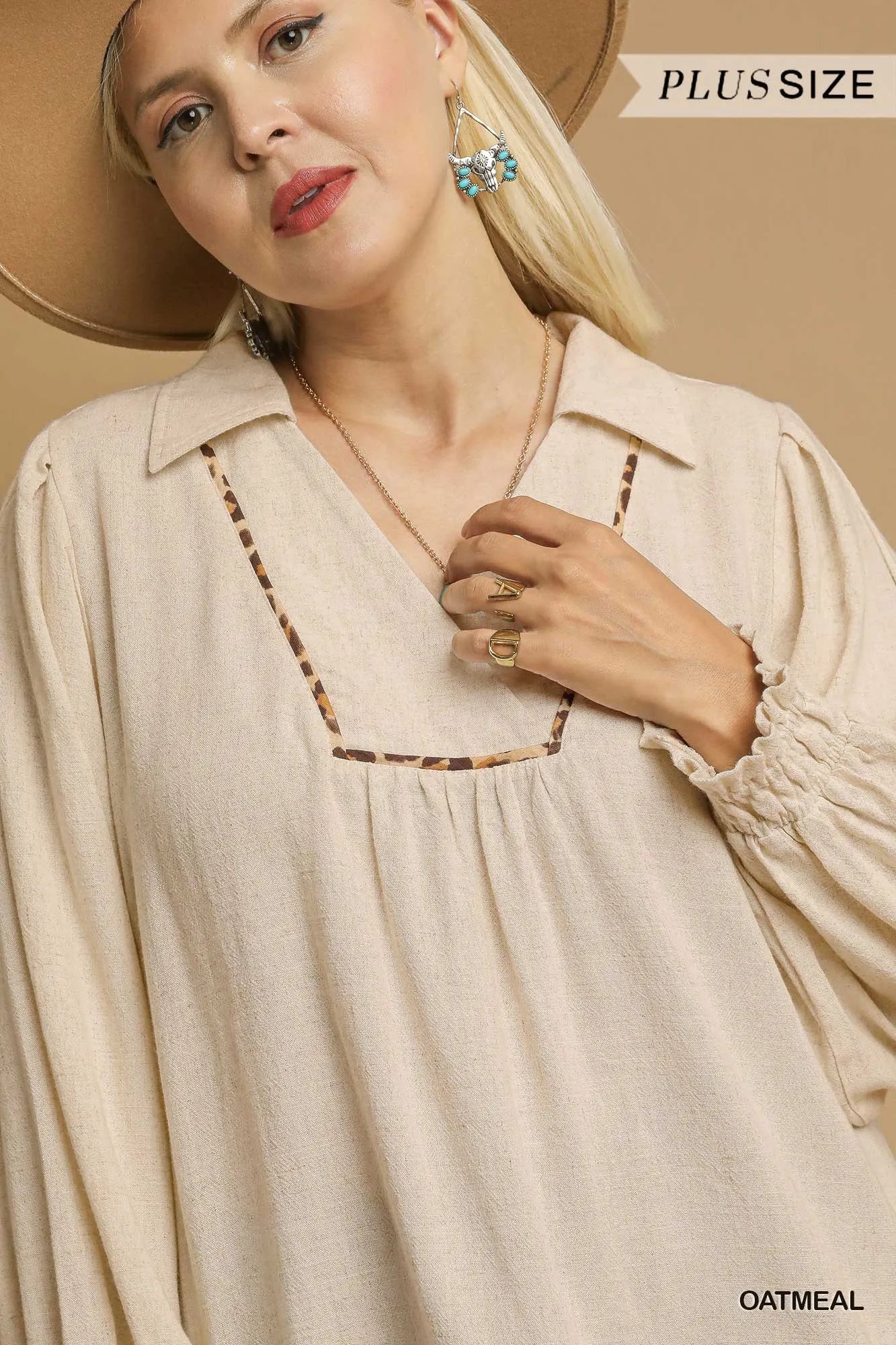 Umgee Linen Scallop Hem Blouse with Contrast Trim - Jennie Dots