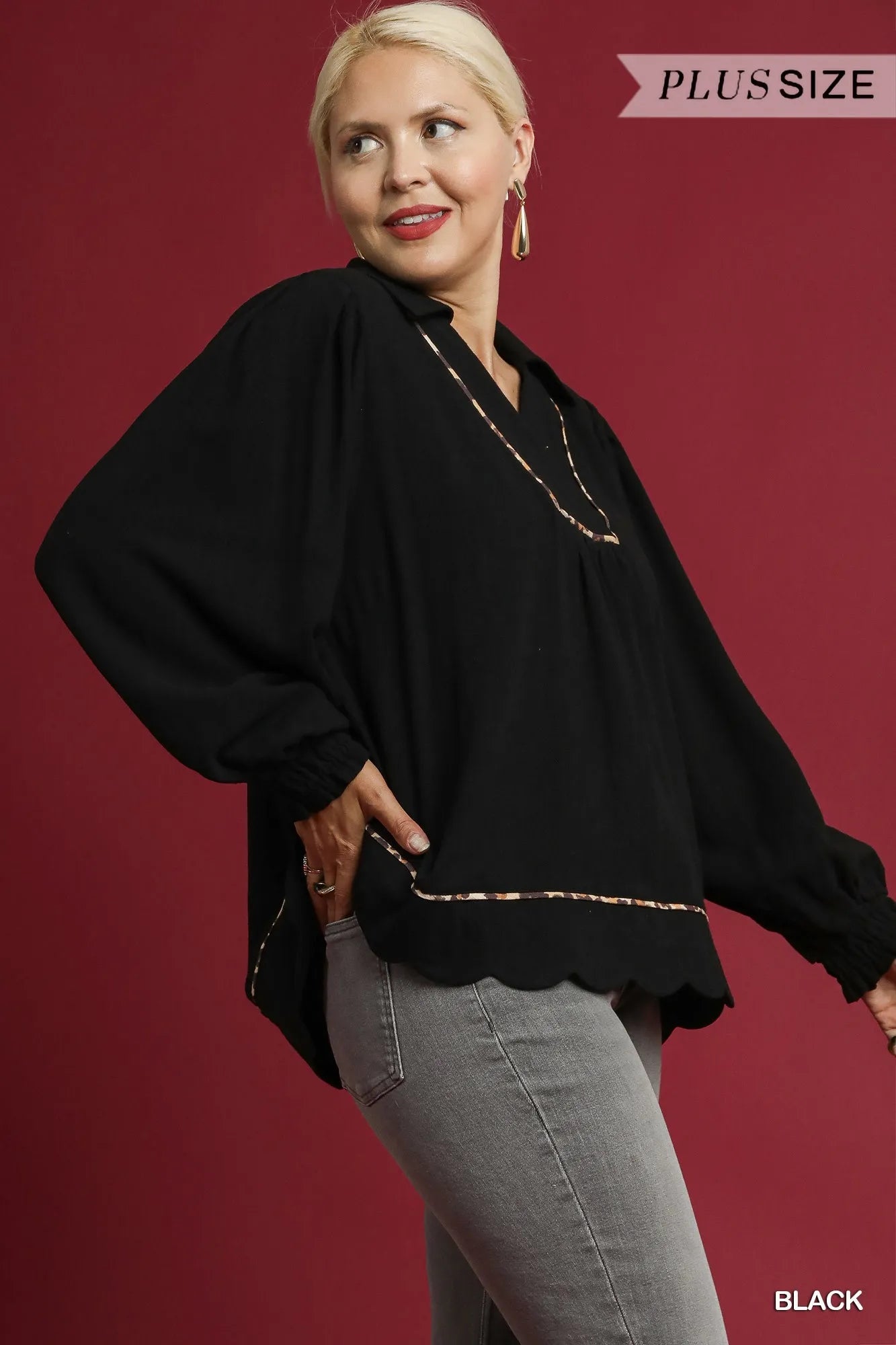 Umgee Linen Scallop Hem Blouse with Contrast Trim - Jennie Dots