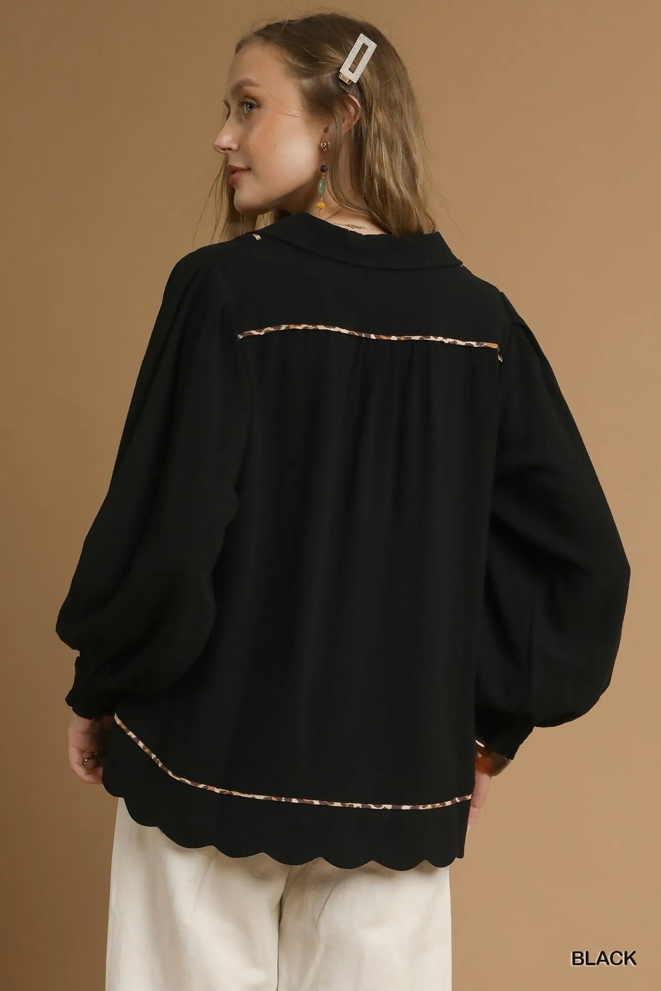 Umgee Linen Scallop Hem Blouse with Contrast Trim - Jennie Dots