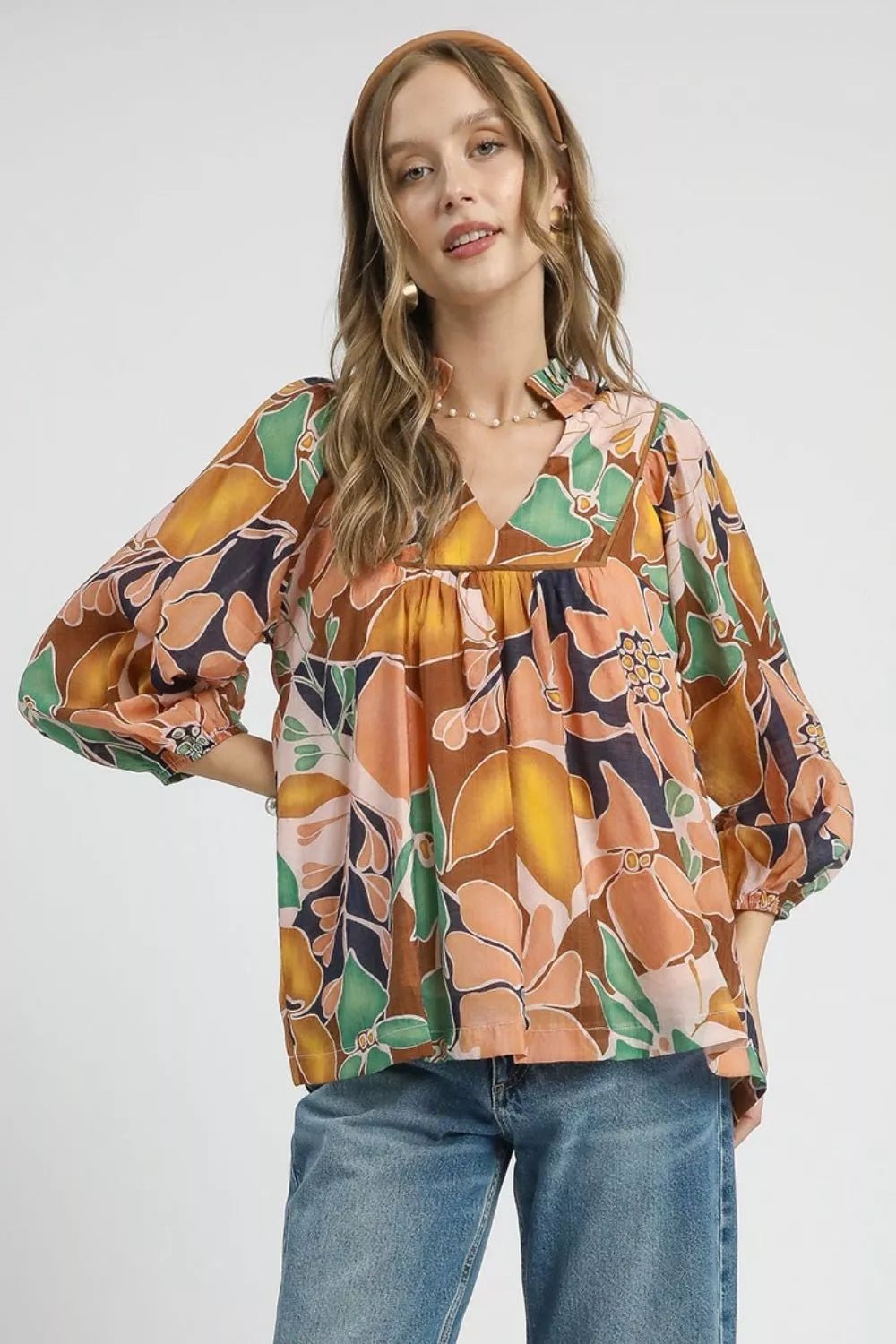Umgee Multicolor Abstract Floral Print Blouse with Ruffle Neck - Jennie Dots