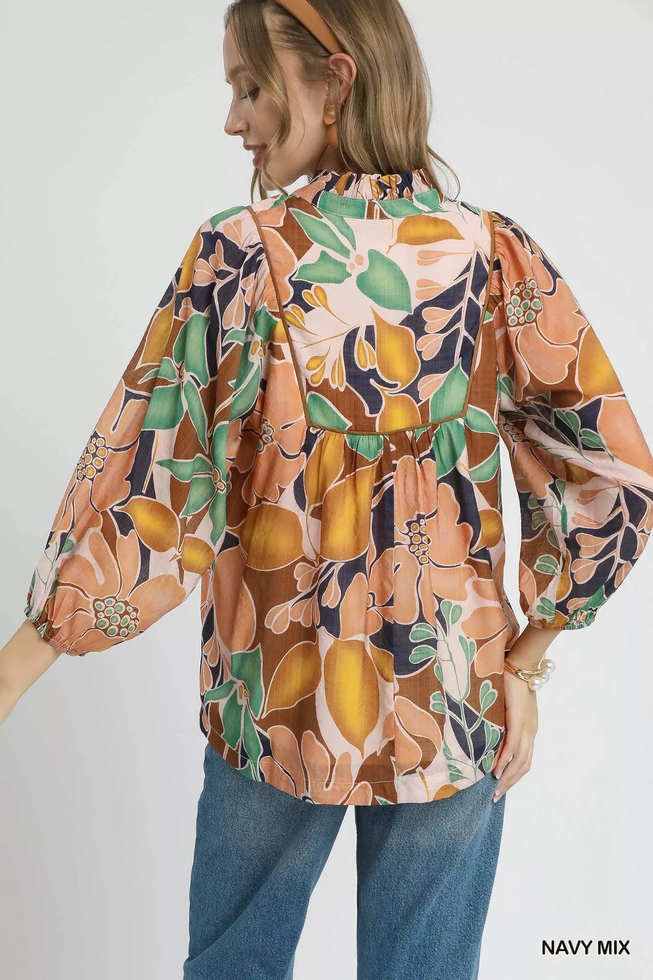 Umgee Multicolor Abstract Floral Print Blouse with Ruffle Neck - Jennie Dots