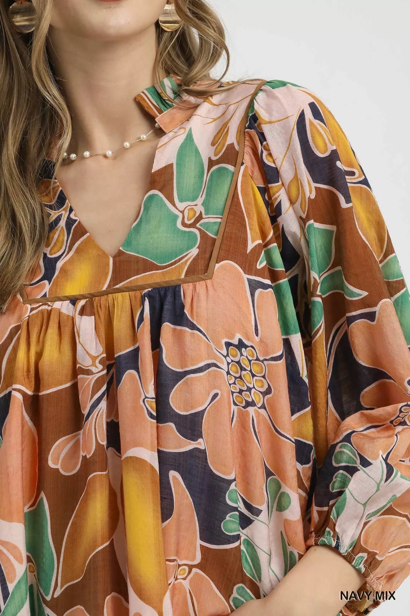 Umgee Multicolor Abstract Floral Print Blouse with Ruffle Neck - Jennie Dots