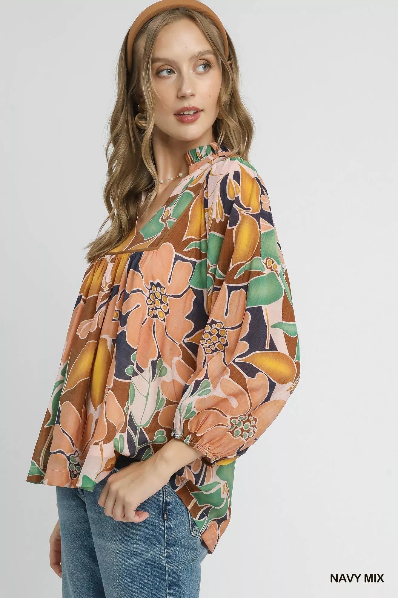 Umgee Multicolor Abstract Floral Print Blouse with Ruffle Neck - Jennie Dots