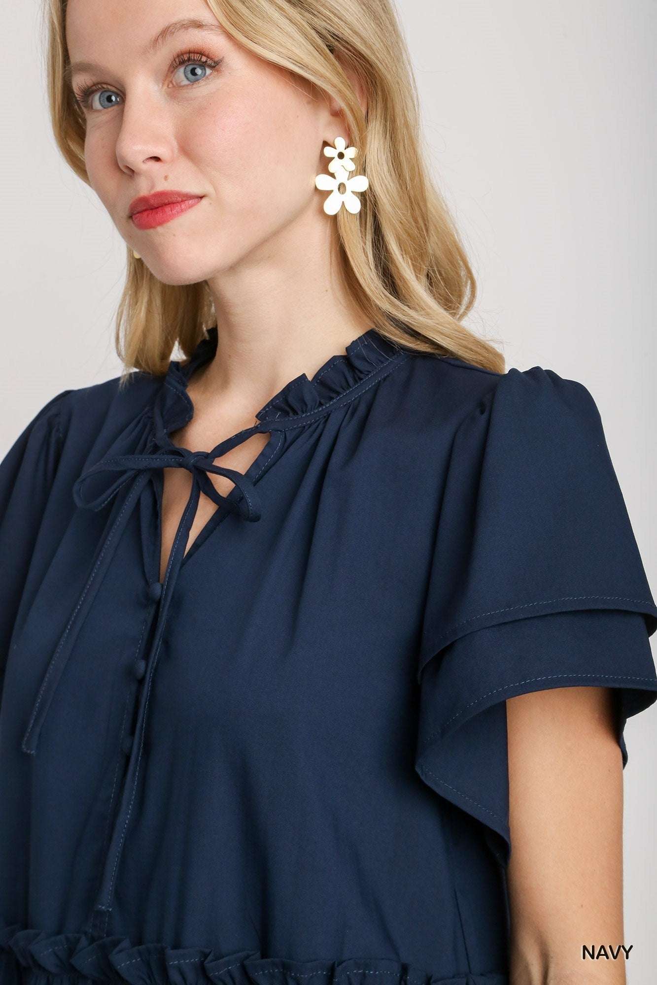 Umgee Navy Tiered Ruffle Short Sleeve Dress - Navy - Jennie Dots