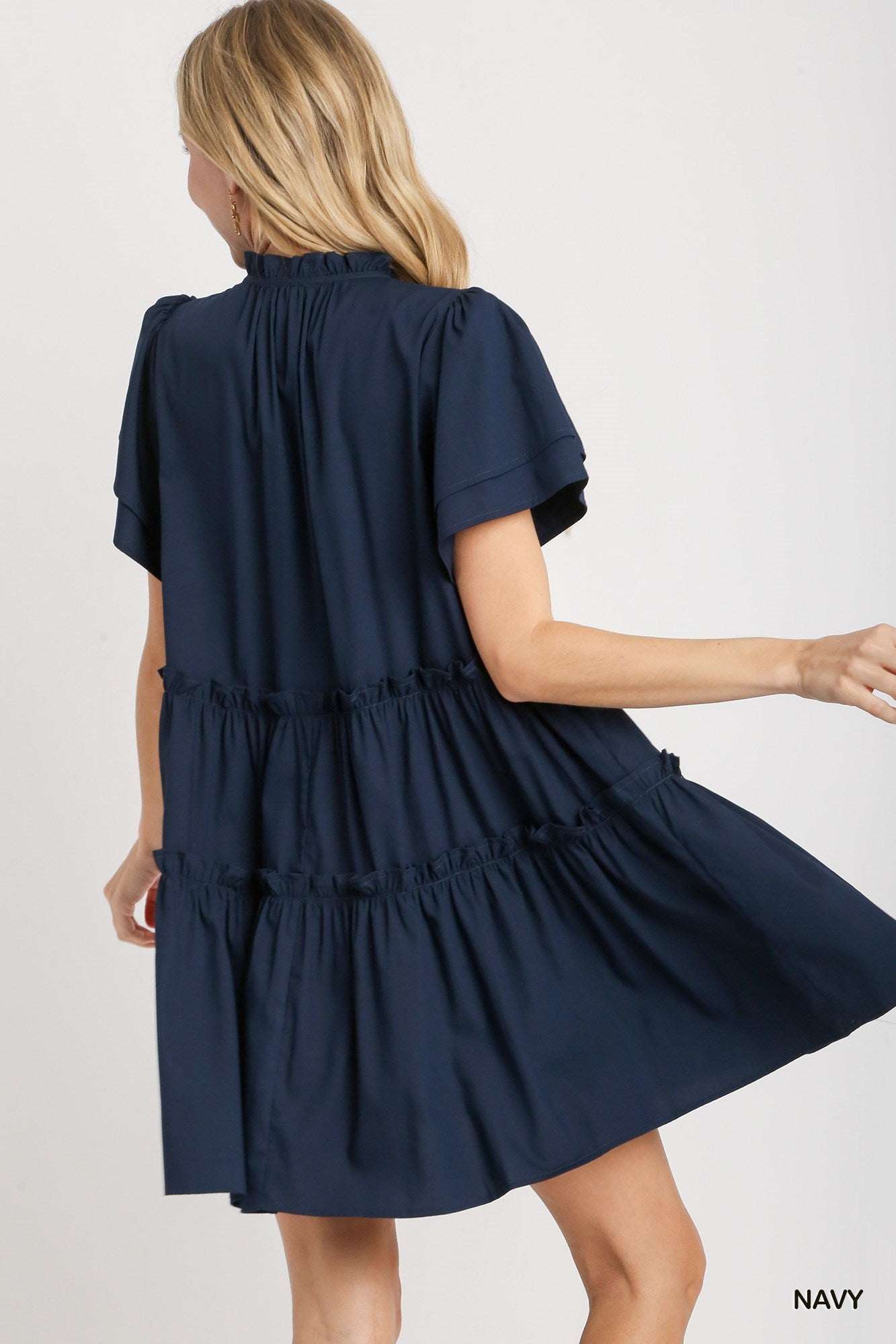 Umgee Navy Tiered Ruffle Short Sleeve Dress - Navy - Jennie Dots