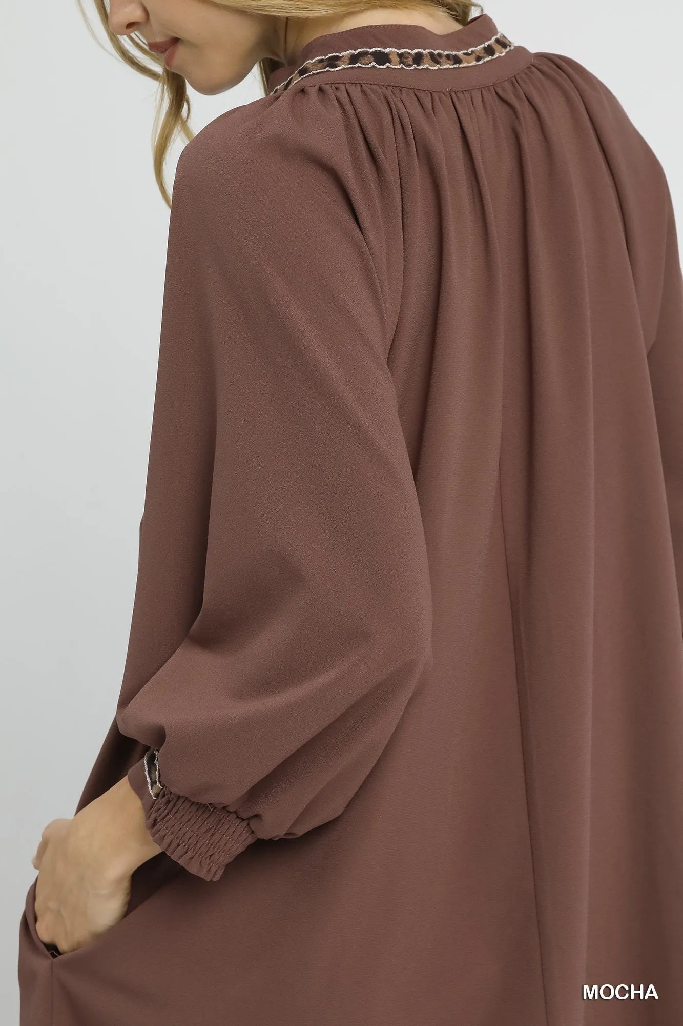 Umgee Notched Shift Dress with Trim Detail - Jennie Dots