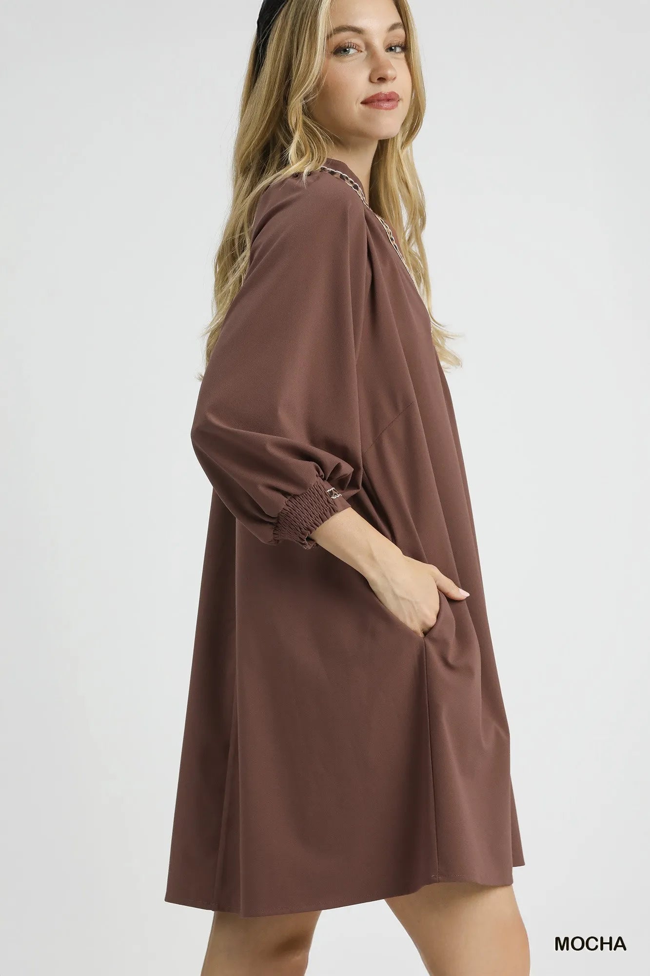 Umgee Notched Shift Dress with Trim Detail - Jennie Dots