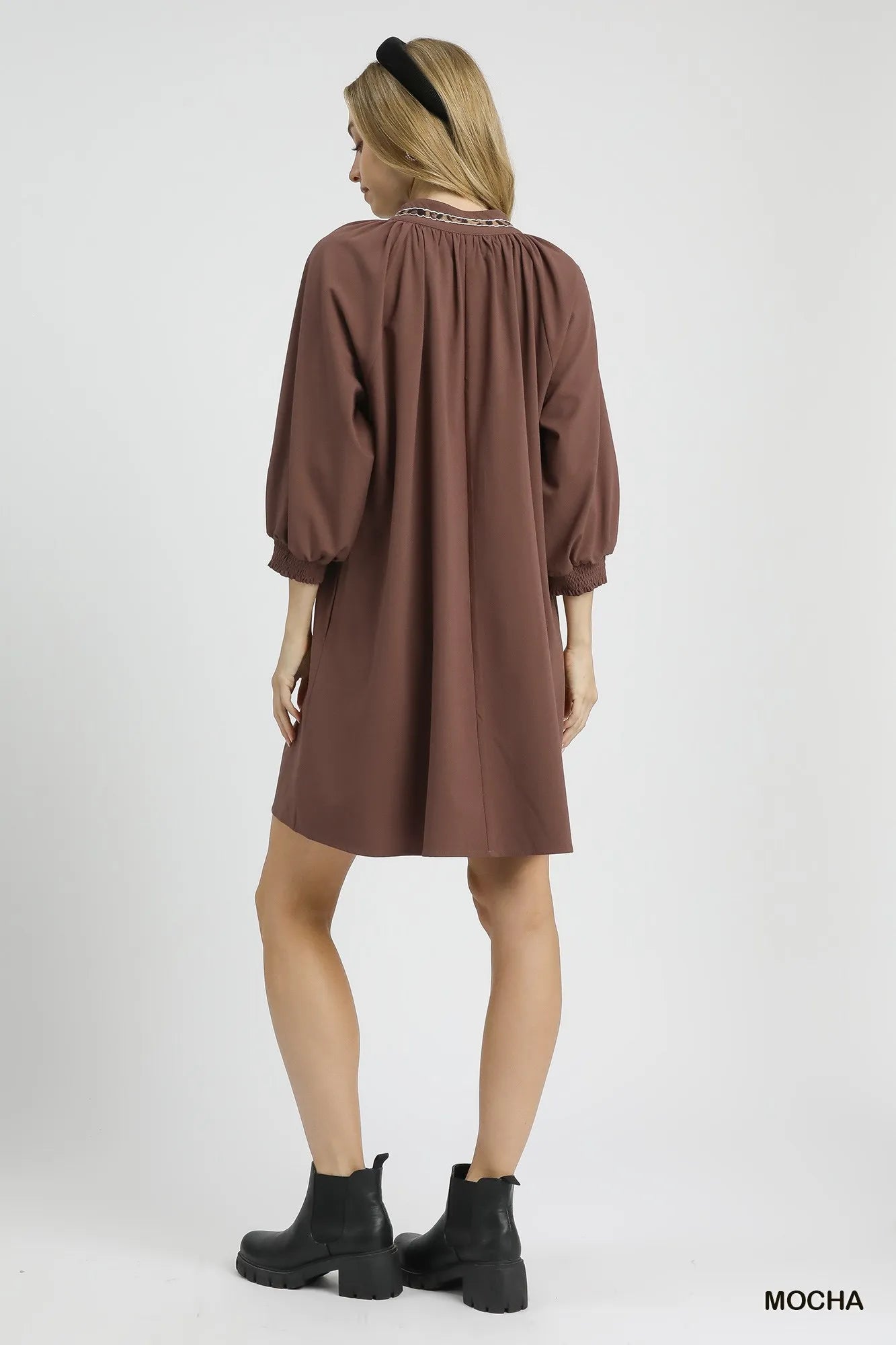 Umgee Notched Shift Dress with Trim Detail - Jennie Dots