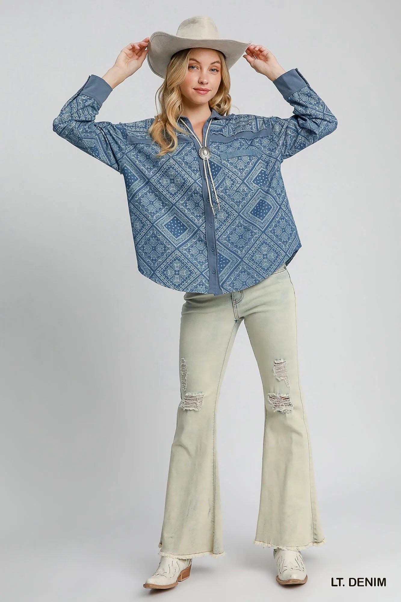 Umgee Paisley Print Denim Shirt Jacket - Jennie Dots