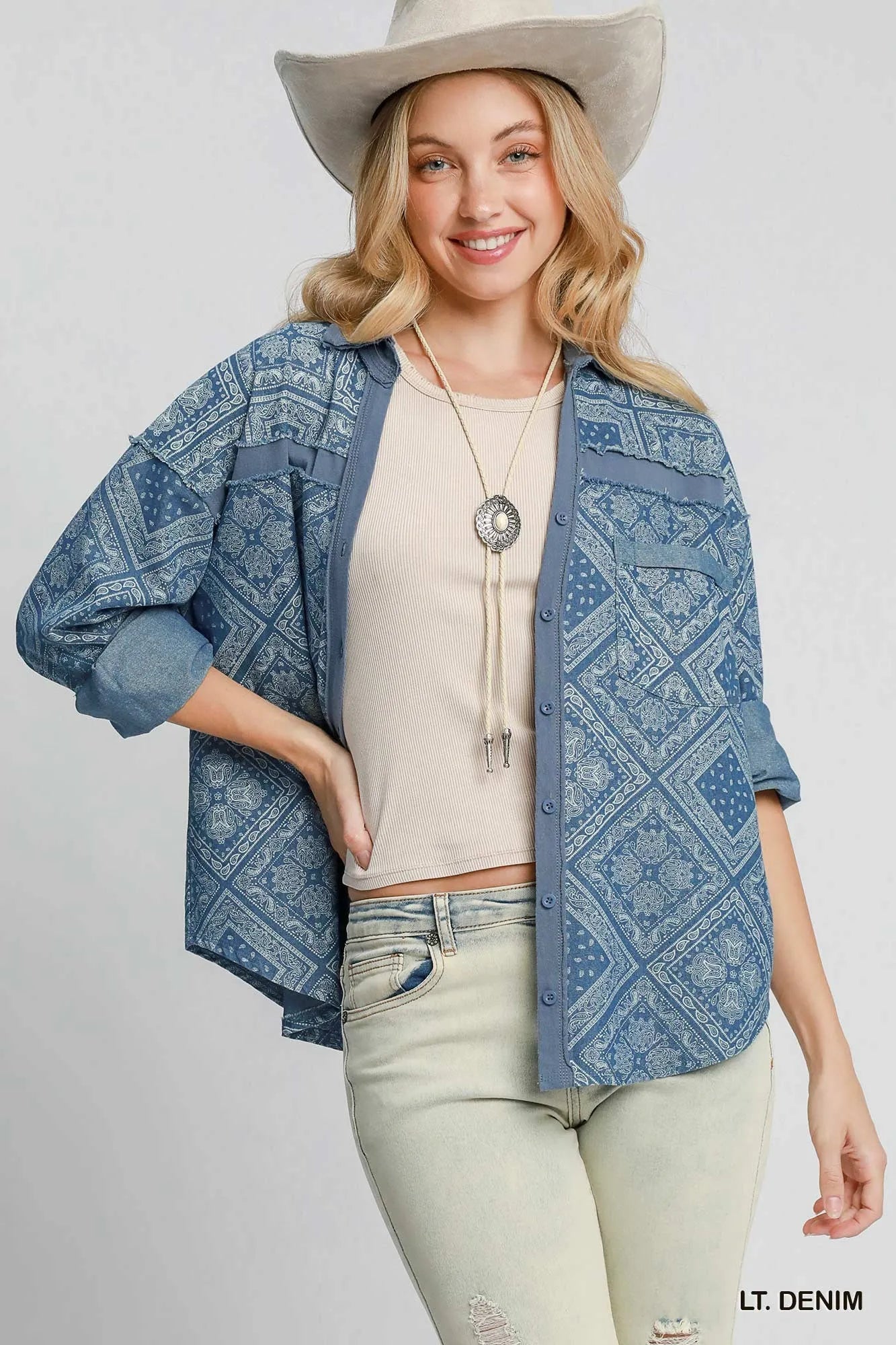 Umgee Paisley Print Denim Shirt Jacket - Jennie Dots