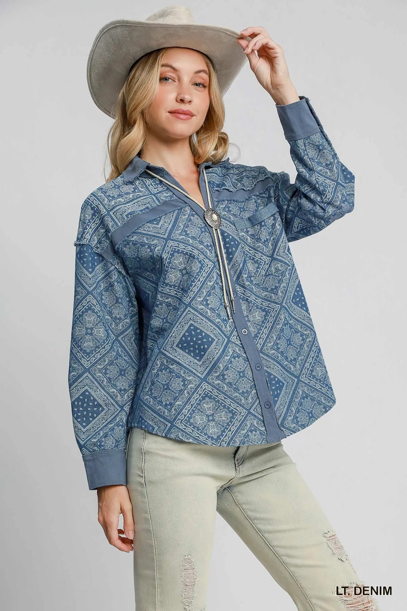 Umgee Paisley Print Denim Shirt Jacket - Jennie Dots