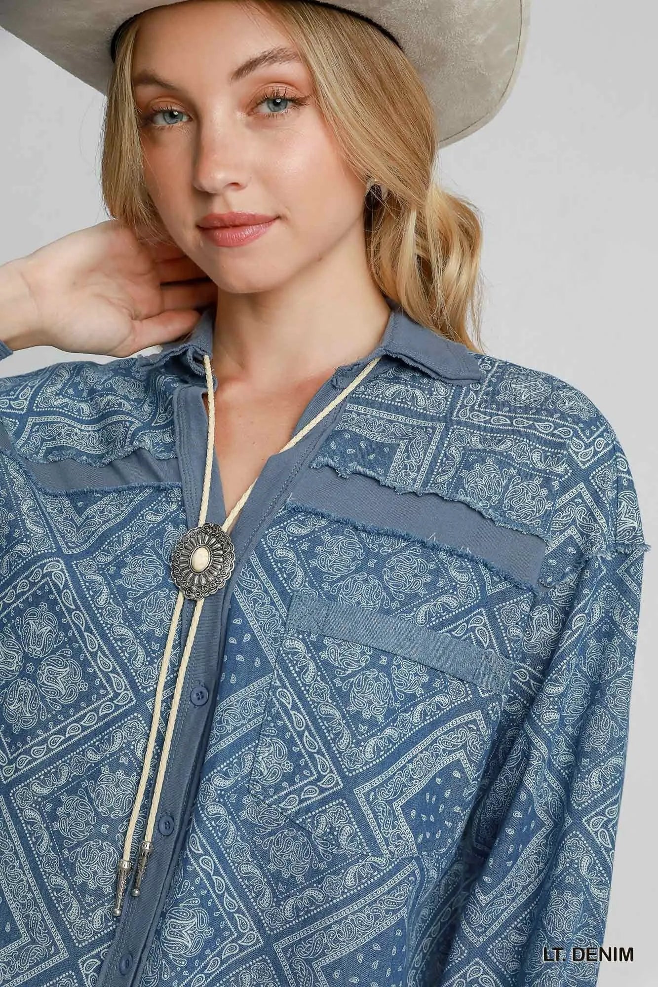 Umgee Paisley Print Denim Shirt Jacket - Jennie Dots