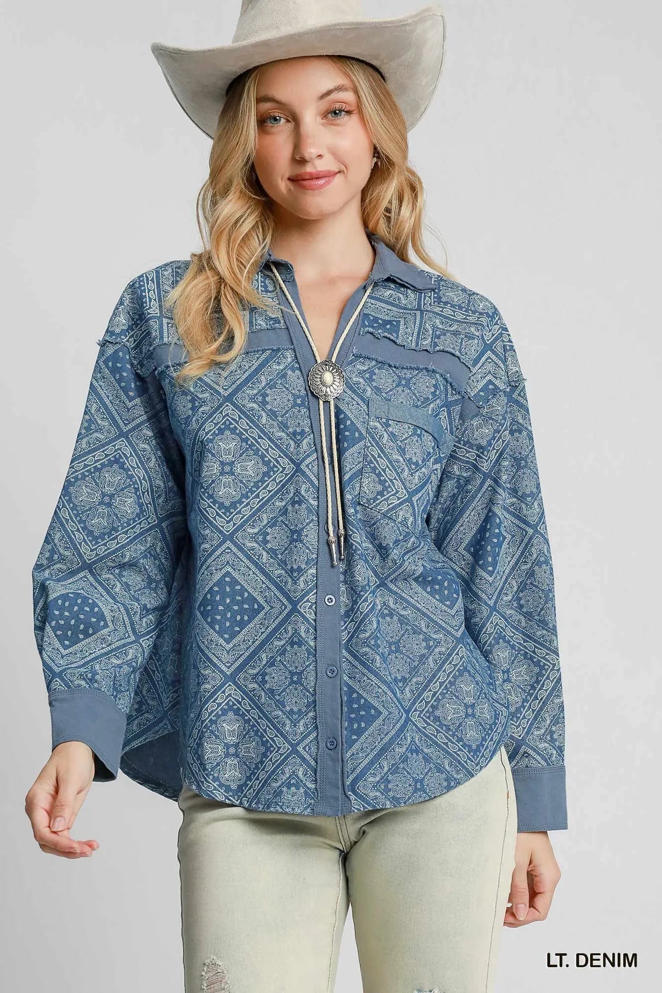 Umgee Paisley Print Denim Shirt Jacket - Jennie Dots