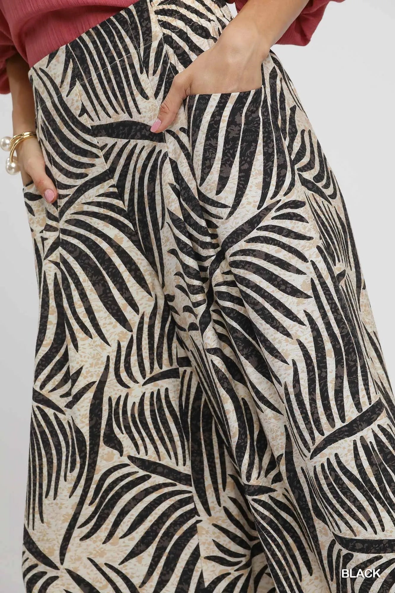 Umgee Palm Leaf Print Wide Leg Culotte Pants - Jennie Dots