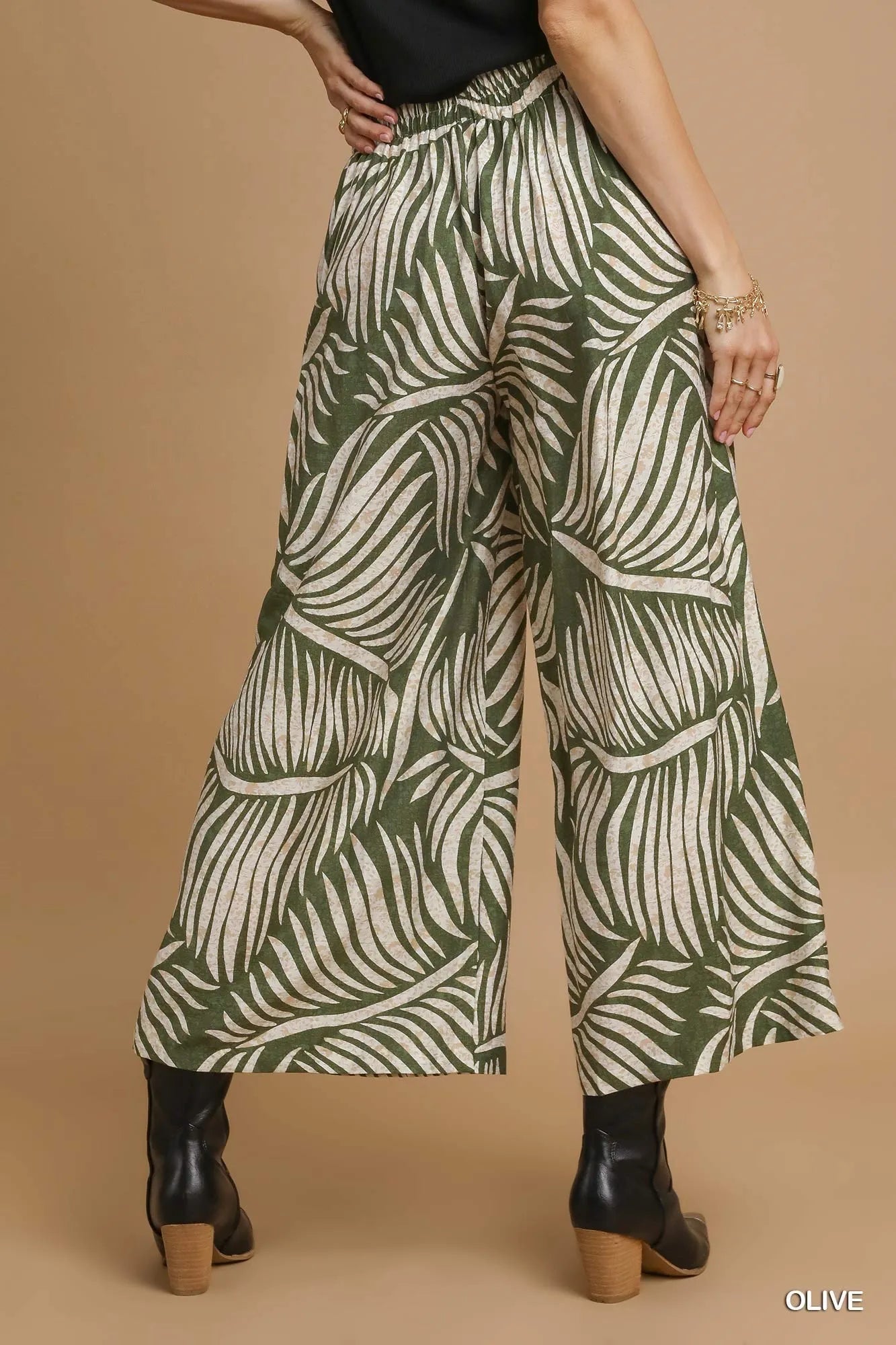 Umgee Palm Leaf Print Wide Leg Culotte Pants - Jennie Dots
