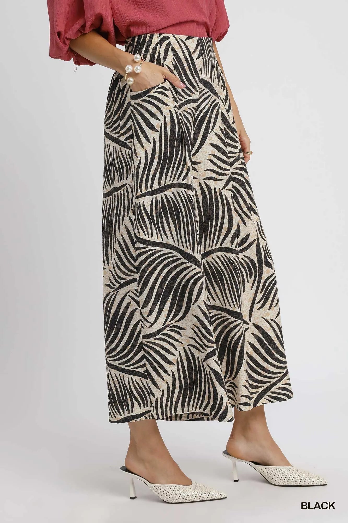 Umgee Palm Leaf Print Wide Leg Culotte Pants - Jennie Dots