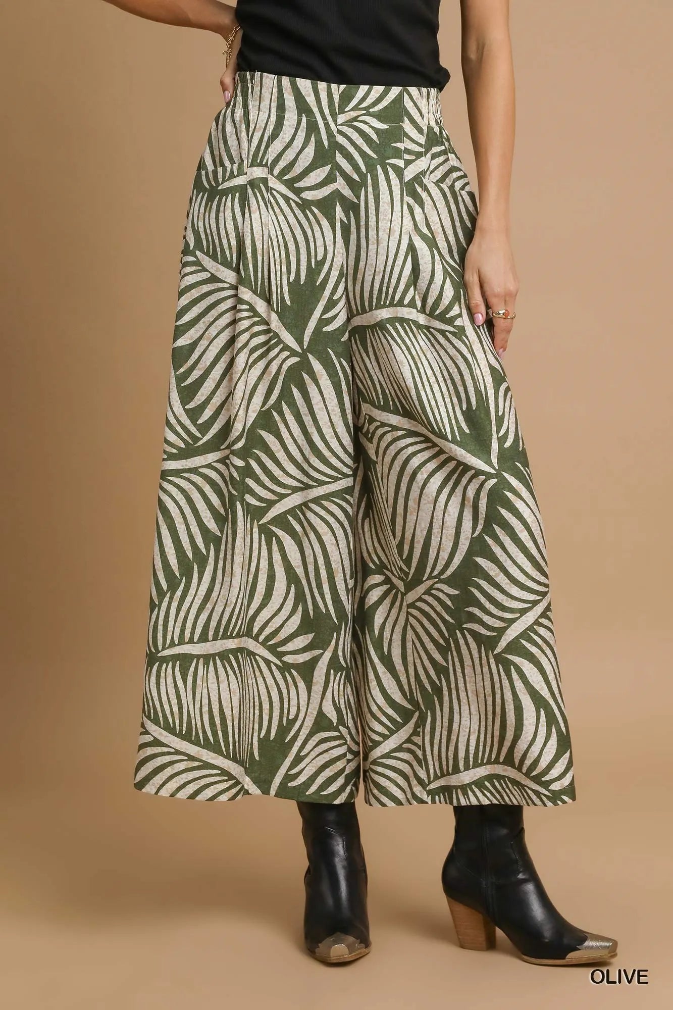 Umgee Palm Leaf Print Wide Leg Culotte Pants - Jennie Dots
