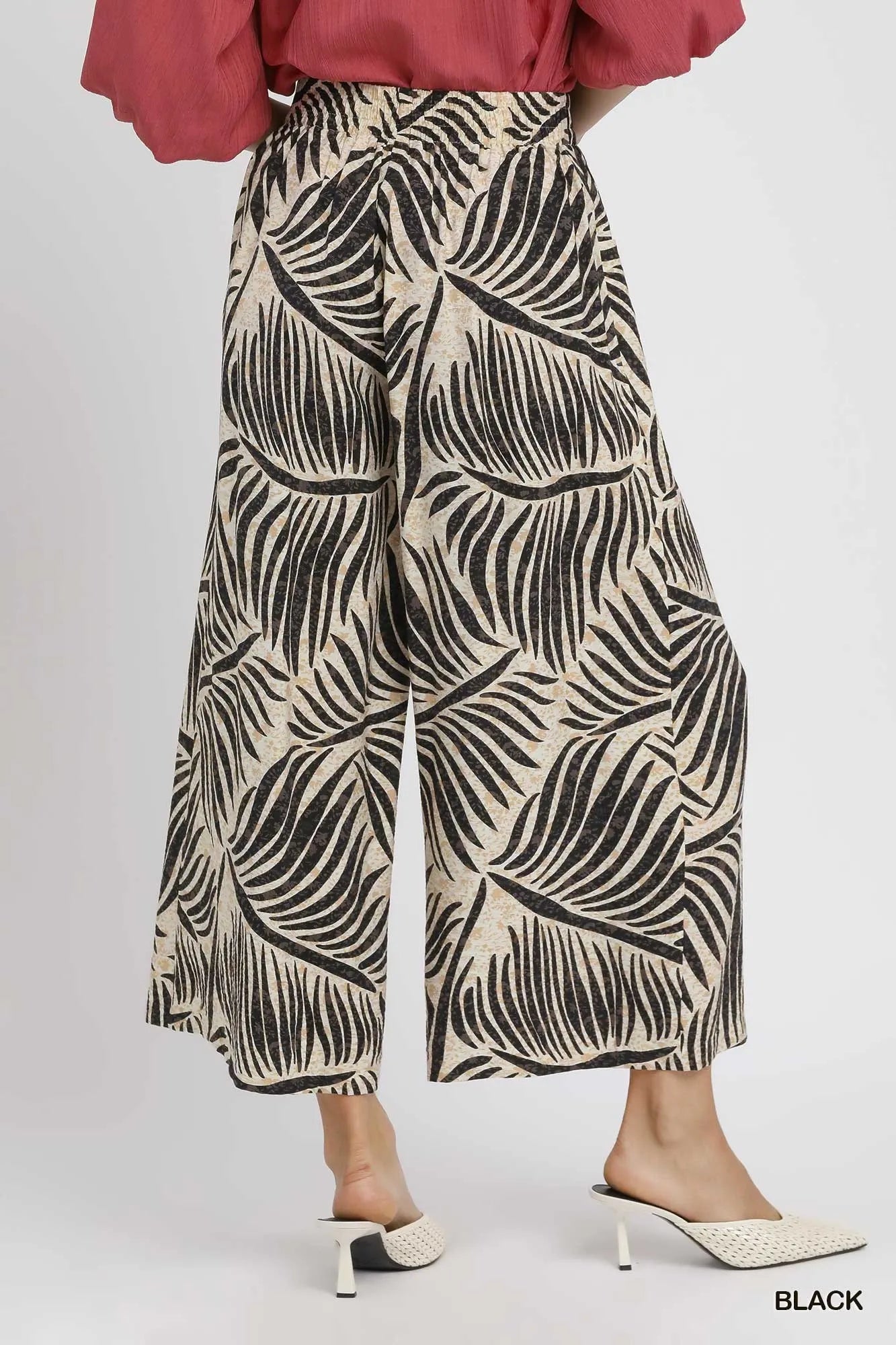 Umgee Palm Leaf Print Wide Leg Culotte Pants - Jennie Dots