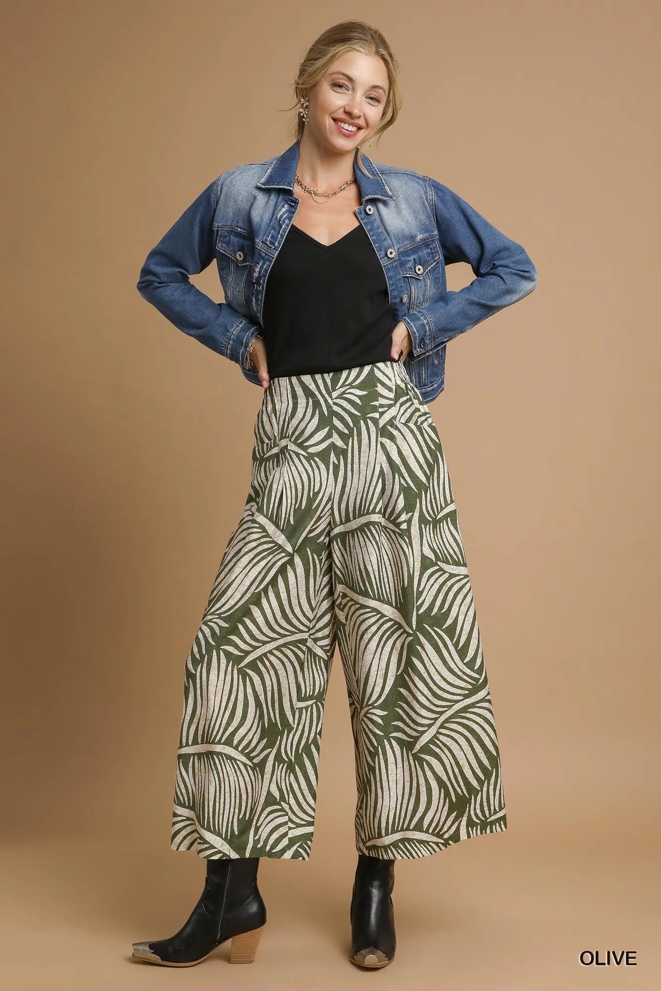 Umgee Palm Leaf Print Wide Leg Culotte Pants - Jennie Dots