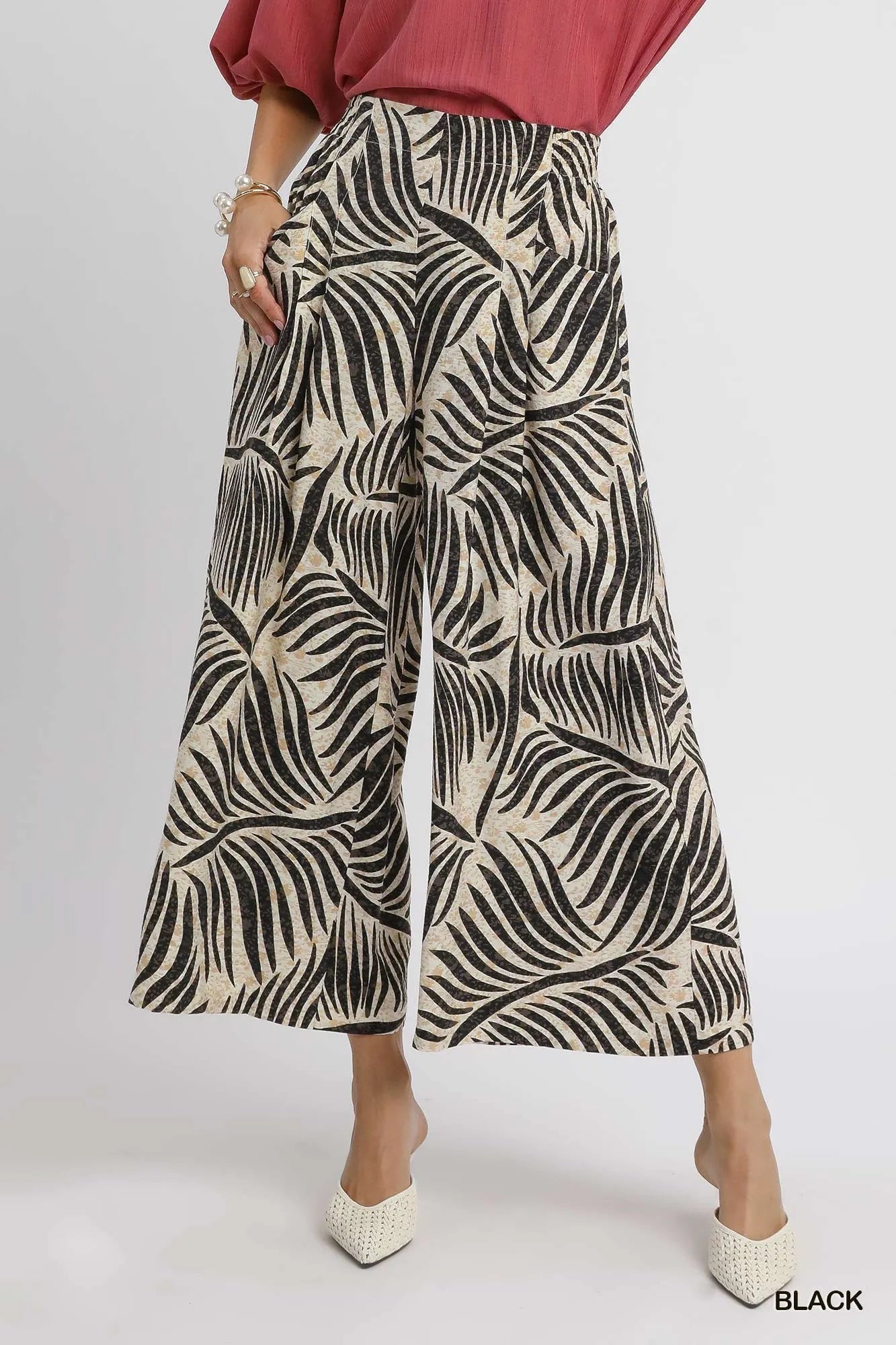 Umgee Palm Leaf Print Wide Leg Culotte Pants - Jennie Dots
