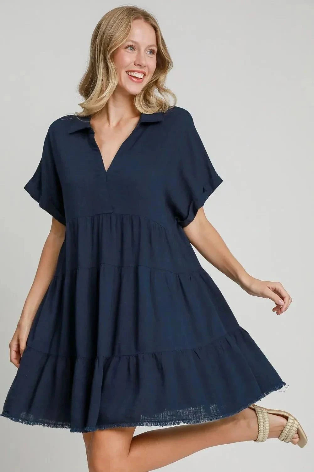 Umgee Raw Hem Folded Sleeve Tiered Dress - Jennie Dots