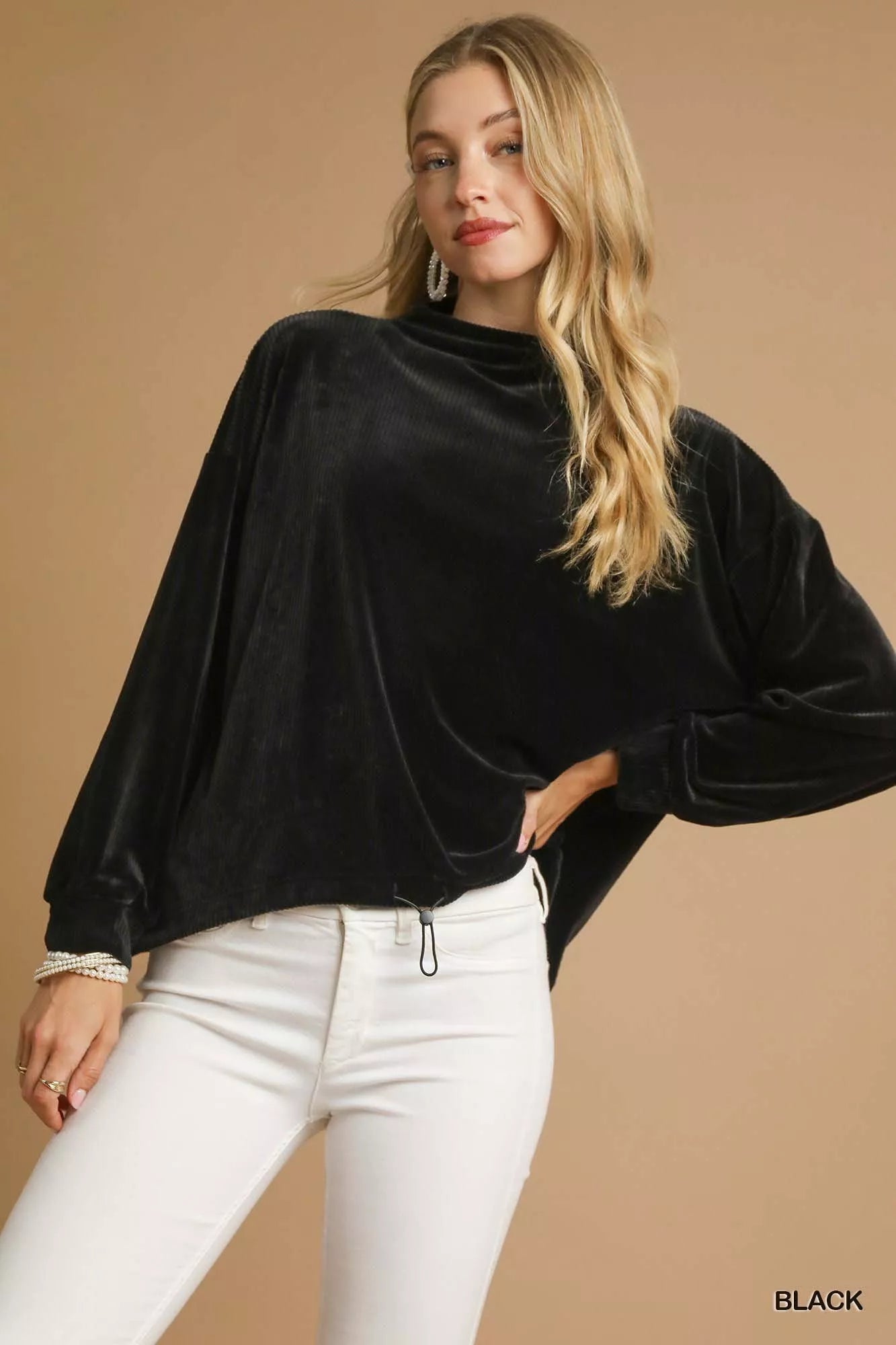 Umgee Ribbed Drawstring Hem Knit Top - Jennie Dots