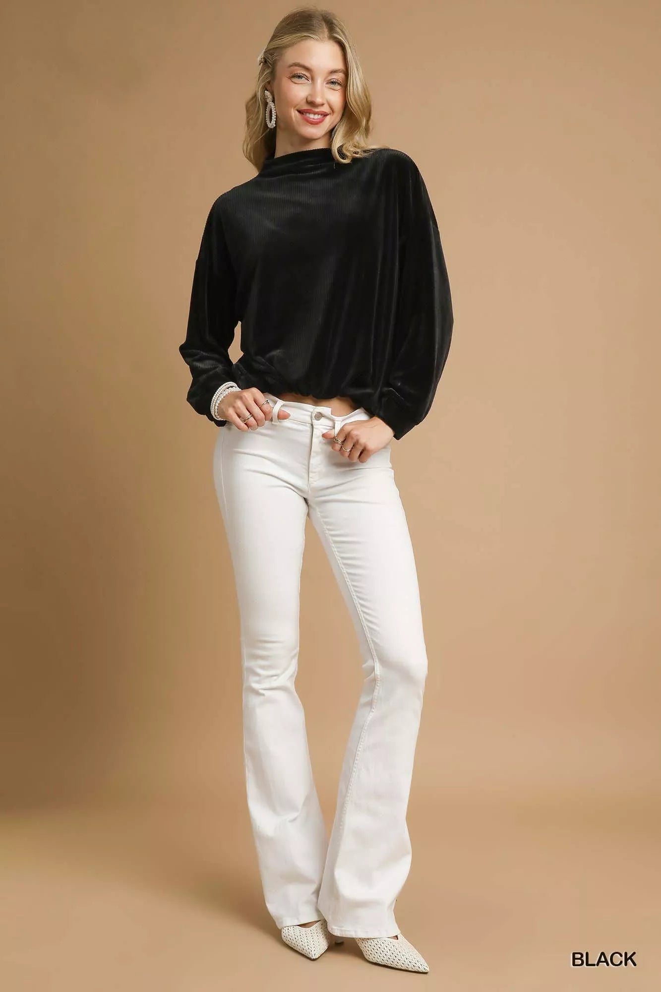 Umgee Ribbed Drawstring Hem Knit Top - Jennie Dots