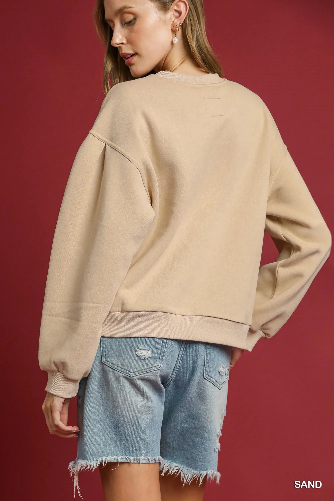 Umgee Round Neck Sweatshirt with Pleated Detail - Jennie Dots