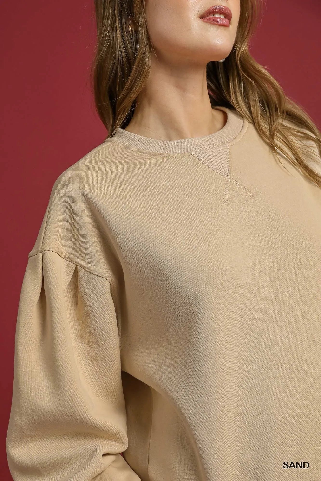 Umgee Round Neck Sweatshirt with Pleated Detail - Jennie Dots